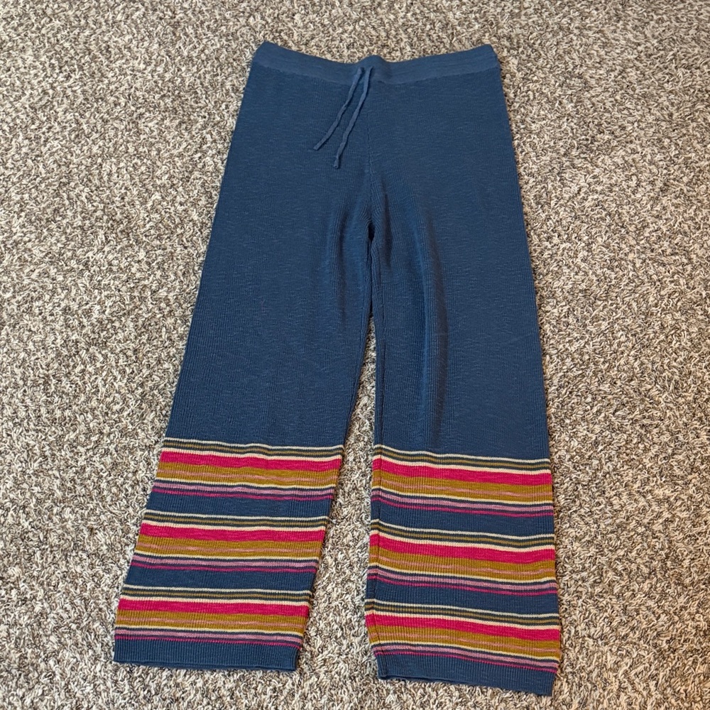 NWOT Blue Knit Wide-Leg Pants with Colorful Striped Cuffs